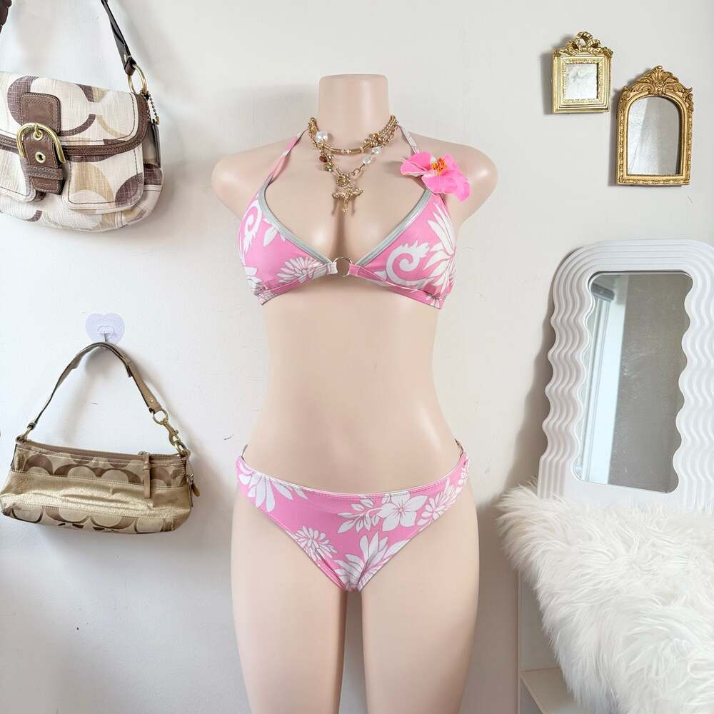 Y2K DEB Pink and White Floral Print Triangle Bikini Set